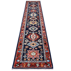 2'6"x11'8" Prussian Blue with Carmine Red Border, Fine Aryana, Karajeh Design, Luxorious Wool, Hand Knotted, Runner Oriental Rug FWR530442