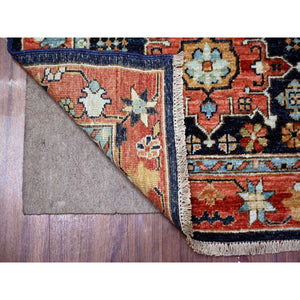 2'6"x11'8" Prussian Blue with Carmine Red Border, Fine Aryana, Karajeh Design, Luxorious Wool, Hand Knotted, Runner Oriental Rug FWR530442