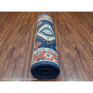 2'6"x11'8" Prussian Blue with Carmine Red Border, Fine Aryana, Karajeh Design, Luxorious Wool, Hand Knotted, Runner Oriental Rug FWR530442