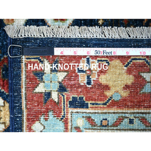 2'6"x11'8" Prussian Blue with Carmine Red Border, Fine Aryana, Karajeh Design, Luxorious Wool, Hand Knotted, Runner Oriental Rug FWR530442