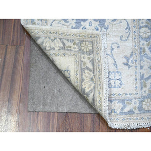 1'10"x3' Linen White, Pure Wool, Faded Out White Wash Peshawar With Samarkand Design, Hand Knotted, Mat Oriental Rug FWR530544