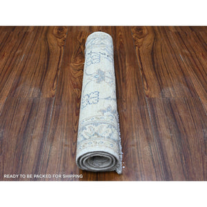 1'10"x3' Linen White, Pure Wool, Faded Out White Wash Peshawar With Samarkand Design, Hand Knotted, Mat Oriental Rug FWR530544