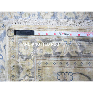 1'10"x3' Linen White, Pure Wool, Faded Out White Wash Peshawar With Samarkand Design, Hand Knotted, Mat Oriental Rug FWR530544
