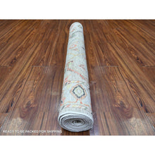 Load image into Gallery viewer, 4&#39;1&quot;x9&#39;6&quot; Pavillion Gray, Hand Knotted Afghan Angora Oushak With Colorful Motifs, Natural Dyes Extra Soft Wool, Wide Runner Oriental Rug FWR530622