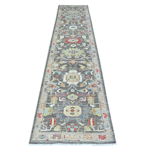 2'8"x11'10" Jet Gray, Hand Knotted Vegetable Dyes, Dense Weave, Pure Wool, Fine Peshawar with Heriz Design, Runner Oriental Rug FWR530808