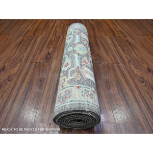 2'8"x11'10" Jet Gray, Hand Knotted Vegetable Dyes, Dense Weave, Pure Wool, Fine Peshawar with Heriz Design, Runner Oriental Rug FWR530808