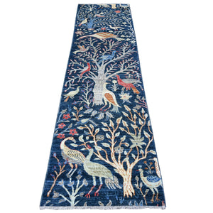 2'6"x9'7" Millennium Blue, Afghan Peshawar with Birds of Paradise, Hand Knotted, Vegetable Dyes, 100% Wool, Runner, Oriental Rug FWR531012