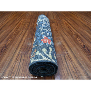 2'6"x9'7" Millennium Blue, Afghan Peshawar with Birds of Paradise, Hand Knotted, Vegetable Dyes, 100% Wool, Runner, Oriental Rug FWR531012