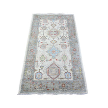 Load image into Gallery viewer, 3&#39;x5&#39; Fresh Mint Gray with Misty Grey Border, Natural Dyes, 100% Wool, Hand Knotted, Denser Woven, Karajeh with Geometric Medallions Design, Oriental Rug FWR531252