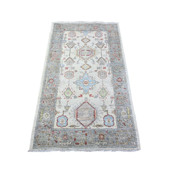 3'x5' Fresh Mint Gray with Misty Grey Border, Natural Dyes, 100% Wool, Hand Knotted, Denser Woven, Karajeh with Geometric Medallions Design, Oriental Rug FWR531252
