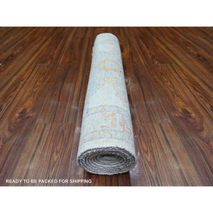 2'6"x7'10" Goose Gray, White Wash Peshawar, Hand Knotted, Vegetable Dyes, Pure Wool, Runner Oriental Rug FWR531288