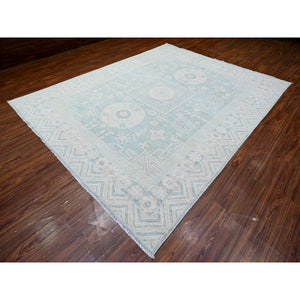 8'10"x11'3" Stone Blue, Washed Out Peshawar with Khotan Design, Hand Knotted, Natural Dyes, Pure Wool, Oriental Rug FWR531366