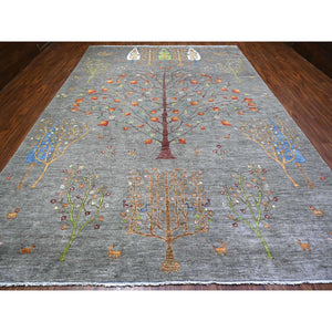 10'x13'10" Screen Gray, Peshawar Folk Art Willow And Cypress Tree Design, 100% Wool, Small Animal And Birds Figurines, Hand Knotted, Borderless Oriental Rug FWR531588