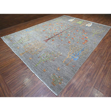 Load image into Gallery viewer, 10&#39;x13&#39;10&quot; Screen Gray, Peshawar Folk Art Willow And Cypress Tree Design, 100% Wool, Small Animal And Birds Figurines, Hand Knotted, Borderless Oriental Rug FWR531588