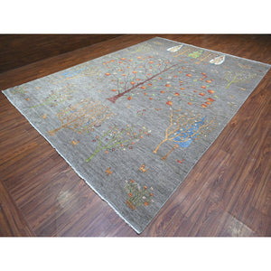 10'x13'10" Screen Gray, Peshawar Folk Art Willow And Cypress Tree Design, 100% Wool, Small Animal And Birds Figurines, Hand Knotted, Borderless Oriental Rug FWR531588