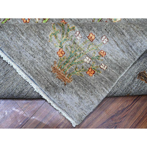 10'x13'10" Screen Gray, Peshawar Folk Art Willow And Cypress Tree Design, 100% Wool, Small Animal And Birds Figurines, Hand Knotted, Borderless Oriental Rug FWR531588
