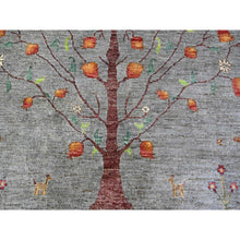 Load image into Gallery viewer, 10&#39;x13&#39;10&quot; Screen Gray, Peshawar Folk Art Willow And Cypress Tree Design, 100% Wool, Small Animal And Birds Figurines, Hand Knotted, Borderless Oriental Rug FWR531588