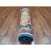 Load image into Gallery viewer, 2&#39;6&quot;x9&#39;8&quot; Passport Blue With Harvard Crimson Red, Caucasian Akstafa Design, Fine Aryana, Pure Wool, Hand Knotted, Runner Oriental Rug FWR531738