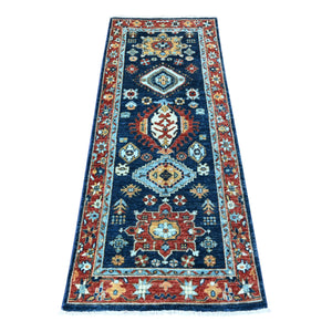 2'6"x6'1" Bdazzled Blue with Fire Brick Red Border, Fine Aryana, Karajeh Design, Luxorious Wool, Hand Knotted, Runner Oriental Rug FWR531750