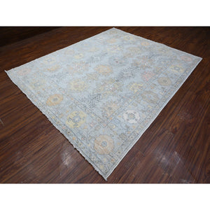 8'3"x10' Silver Chalice Gray, Hand Knotted, Wool Weft, Vegetable Dyes, Tribal Flower And Leaf Design, Angora Oushak Oriental Rug FWR531894