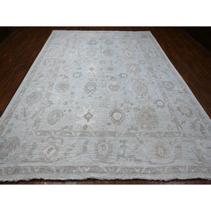 9'2"x12' Cloud Gray, Vegetable Dyes, Wool Weft, Hand Knotted, Faded Out Angora Oushak, All Over Tribal Elements, Oriental Rug FWR532014