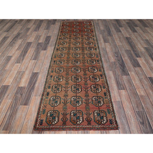 2'4"x7'8" Cafe Au Lait Brown, Vintage Persian Shiraz with Turkoman Elephant Feet Design, Distinct Abrash, Shaved Down, Zero Pile, Hand Knotted, 100% Wool, Sides and Ends Professionally Secured, Narrow Runner, Oriental Rug Sh886 FWR5316