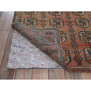 2'4"x7'8" Cafe Au Lait Brown, Vintage Persian Shiraz with Turkoman Elephant Feet Design, Distinct Abrash, Shaved Down, Zero Pile, Hand Knotted, 100% Wool, Sides and Ends Professionally Secured, Narrow Runner, Oriental Rug Sh886 FWR5316