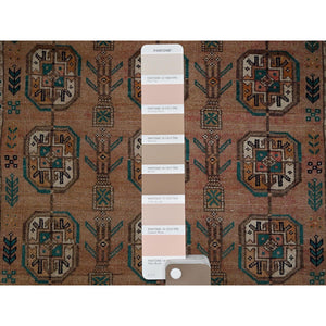 2'4"x7'8" Cafe Au Lait Brown, Vintage Persian Shiraz with Turkoman Elephant Feet Design, Distinct Abrash, Shaved Down, Zero Pile, Hand Knotted, 100% Wool, Sides and Ends Professionally Secured, Narrow Runner, Oriental Rug Sh886 FWR5316