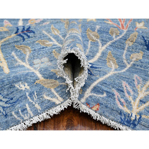 12'x12' Dodger Blue, Hand Knotted Afghan Peshawar with Birds of Paradise Design, Natural Dyes, 100% Wool, Square Oriental Rug FWR532254
