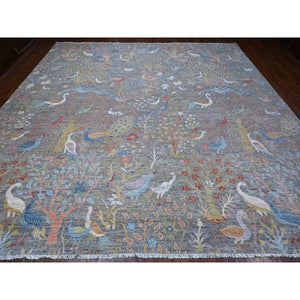 12'x12' Pewter Gray, Afghan Peshawar With Birds Of Paradise, Hand Knotted, Natural Dyes, 100% Wool, Square Oriental Rug FWR532266
