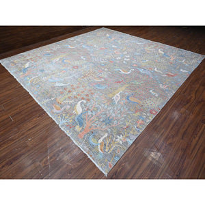 12'x12' Pewter Gray, Afghan Peshawar With Birds Of Paradise, Hand Knotted, Natural Dyes, 100% Wool, Square Oriental Rug FWR532266