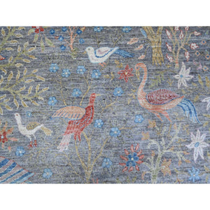 12'x12' Pewter Gray, Afghan Peshawar With Birds Of Paradise, Hand Knotted, Natural Dyes, 100% Wool, Square Oriental Rug FWR532266