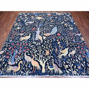 8'x8' Polo Blue, Hand Knotted, Natural Dyes, Soft Wool, Birds Of Paradise, Afghan Peshawar Square Oriental Rug FWR532272
