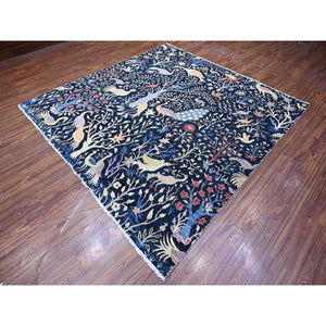 8'x8' Polo Blue, Hand Knotted, Natural Dyes, Soft Wool, Birds Of Paradise, Afghan Peshawar Square Oriental Rug FWR532272