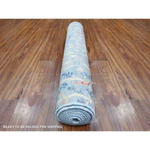 4'x11'10" Turquoise Blue, Natural Dyes, Extra Soft Wool, Afghan Peshawar With Birds of Paradise Design, Hand Knotted Wide Runner Oriental Rug FWR532314