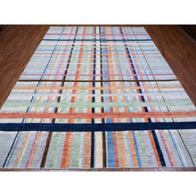 Load image into Gallery viewer, 8&#39;10&quot;x11&#39;4&quot; Gainsboro Gray, Hand Knotted, Soft And Velvety Wool, Bauhaus Inspired Criss Cross Colorful Line Design, Oriental Rug FWR532428