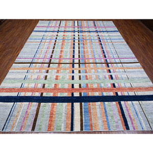 8'10"x11'4" Gainsboro Gray, Hand Knotted, Soft And Velvety Wool, Bauhaus Inspired Criss Cross Colorful Line Design, Oriental Rug FWR532428