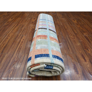 8'10"x11'4" Gainsboro Gray, Hand Knotted, Soft And Velvety Wool, Bauhaus Inspired Criss Cross Colorful Line Design, Oriental Rug FWR532428
