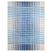 Load image into Gallery viewer, 8&#39;8&quot;x11&#39;7&quot; Goose Gray And Denim Blue, Natural Dyes, Bauhaus Inspired Criss Cross Line Design, Pure Wool, Hand Knotted, Oriental Rug FWR532434