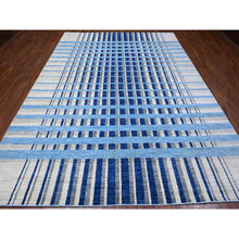Load image into Gallery viewer, 8&#39;8&quot;x11&#39;7&quot; Goose Gray And Denim Blue, Natural Dyes, Bauhaus Inspired Criss Cross Line Design, Pure Wool, Hand Knotted, Oriental Rug FWR532434