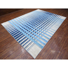 Load image into Gallery viewer, 8&#39;8&quot;x11&#39;7&quot; Goose Gray And Denim Blue, Natural Dyes, Bauhaus Inspired Criss Cross Line Design, Pure Wool, Hand Knotted, Oriental Rug FWR532434