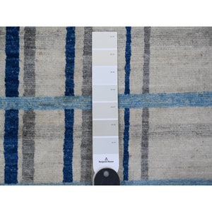 8'8"x11'7" Goose Gray And Denim Blue, Natural Dyes, Bauhaus Inspired Criss Cross Line Design, Pure Wool, Hand Knotted, Oriental Rug FWR532434
