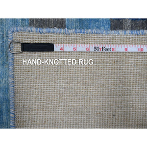 8'8"x11'7" Goose Gray And Denim Blue, Natural Dyes, Bauhaus Inspired Criss Cross Line Design, Pure Wool, Hand Knotted, Oriental Rug FWR532434