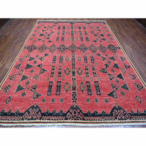 8'7"x11'3" Rust Red, Densely Woven, Hand Knotted, Soft And Shiny Wool, Peshawar with Berber Influence Geometric Pattern, Natural Dyes, Oriental Rug FWR532500