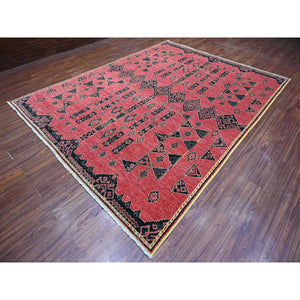 8'7"x11'3" Rust Red, Densely Woven, Hand Knotted, Soft And Shiny Wool, Peshawar with Berber Influence Geometric Pattern, Natural Dyes, Oriental Rug FWR532500