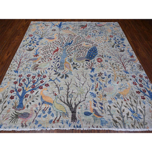 8'x8' Heavenly Gray, Borderless Hand Knotted Afghan Peshawar 100% Wool Birds Of Paradise, Vegetable Dyes, Square Oriental Rug FWR532614