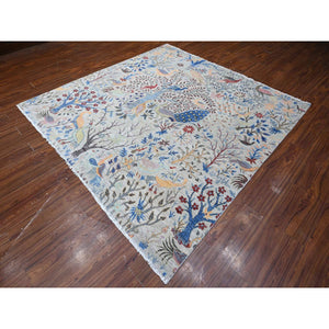 8'x8' Heavenly Gray, Borderless Hand Knotted Afghan Peshawar 100% Wool Birds Of Paradise, Vegetable Dyes, Square Oriental Rug FWR532614