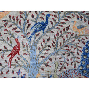 8'x8' Heavenly Gray, Borderless Hand Knotted Afghan Peshawar 100% Wool Birds Of Paradise, Vegetable Dyes, Square Oriental Rug FWR532614
