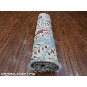 8'x8' Heavenly Gray, Borderless Hand Knotted Afghan Peshawar 100% Wool Birds Of Paradise, Vegetable Dyes, Square Oriental Rug FWR532614