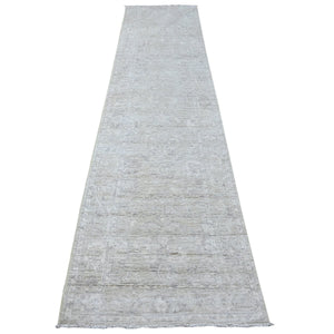 2'9"x11'9" Timberwolf Gray, Faded Angora Oushak, Wool Weft And Hand Knotted, Natural Dyes With Village Medallions All Over Design, Runner Oriental Rug FWR532902